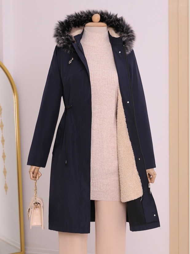 Pull-out Hooded Tunnel Lace Short Coat -Navy blue
