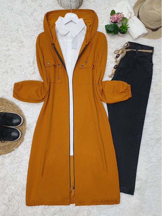 Hooded Sleeve and Skirt Elastic Pocket Combed Cotton Coat -Mustard