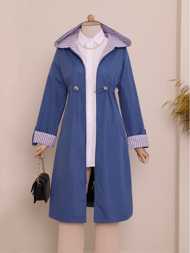 Tunnel Laced Hooded Trench Coat -İndigo