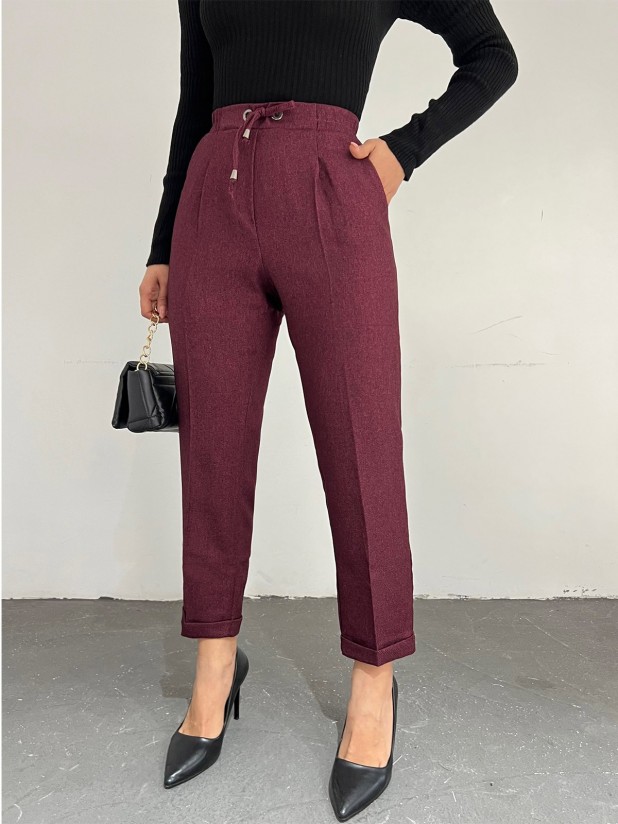 Elastic Waist Laced Pocket Double Trousers  -Maroon
