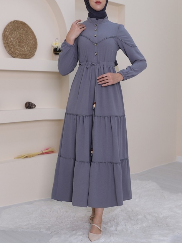 Yarım Düğmeli Parçalı Bağcıklı Elbise -Gri