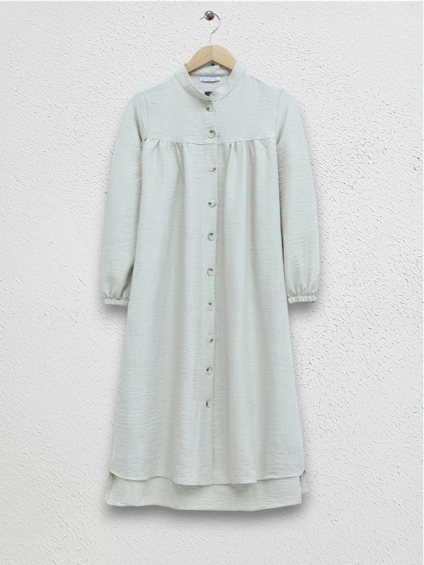 Judge Collar All-Down Buttoned Crepe Tunic - Beige