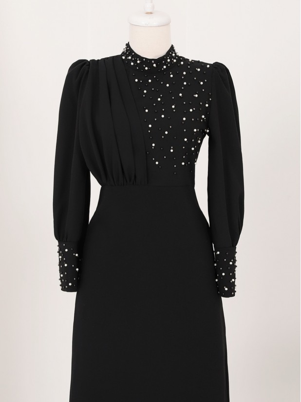 Sleeves and Front Pearl Detailed Judge Collar Dress -Black