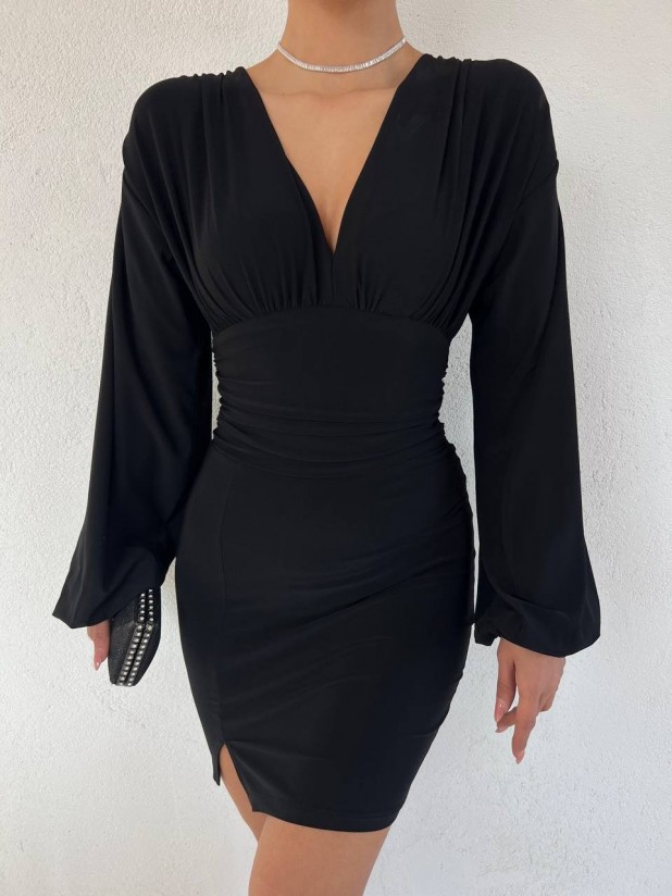 Balon Kol V Yakalı Yırtmaçlı Sendy Elbise -Siyah