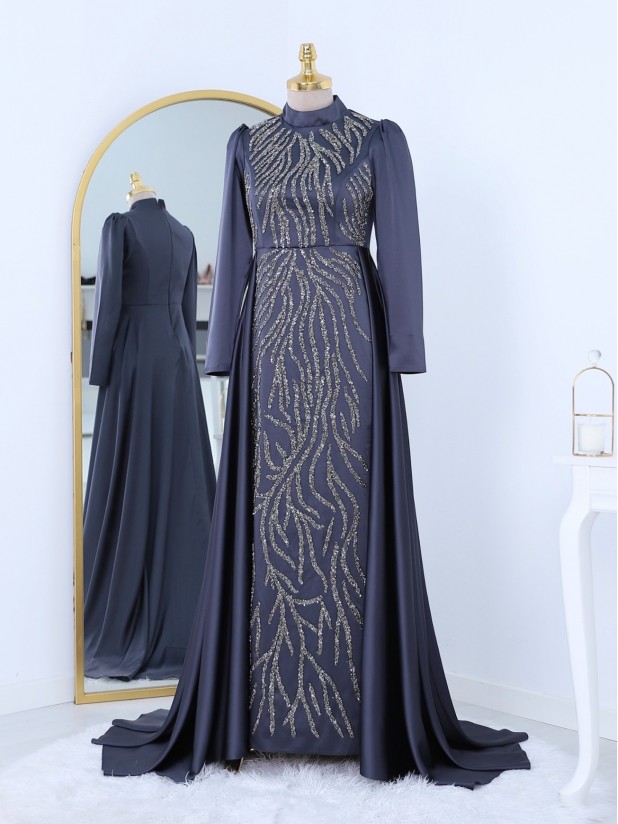 Tailed Bead Embroidered Satin Evening Dress -Anthracite