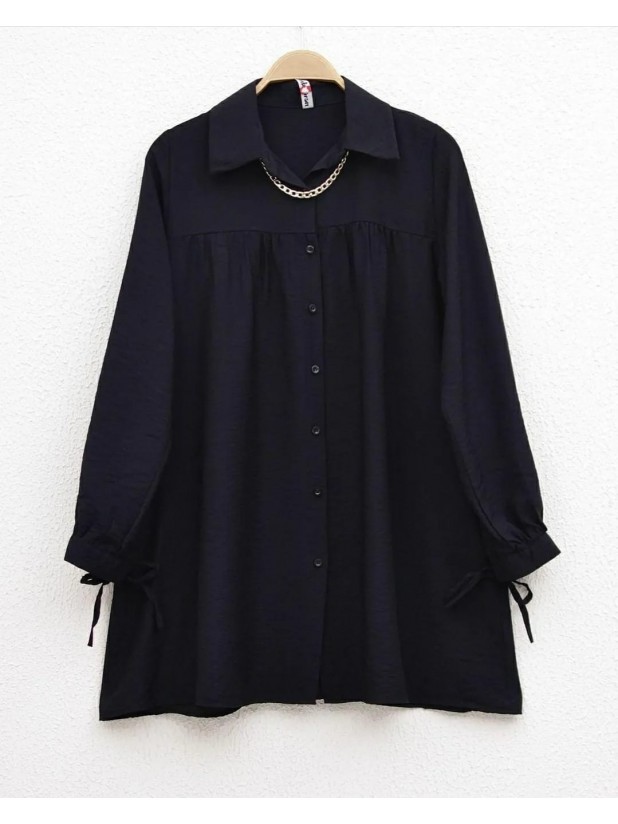 Robadan Pleated Sleeves Lace-Up Necklace Shirt -Black