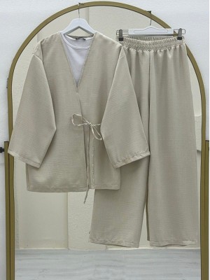 Wide Leg Double Linen Suit with Side Lacing on Top - Beige