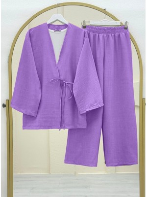 Wide Leg Double Linen Suit with Side Lacing on Top -Lilac