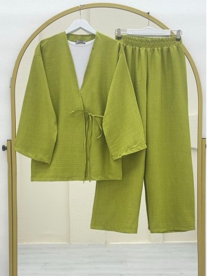 Wide Leg Double Linen Suit with Side Lacing on Top -Oil Green