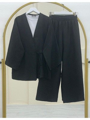 Wide Leg Double Linen Suit with Side Lacing on Top -Black