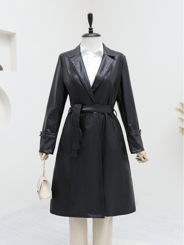 Belted Leather Trench Coat with Side Pockets -Black