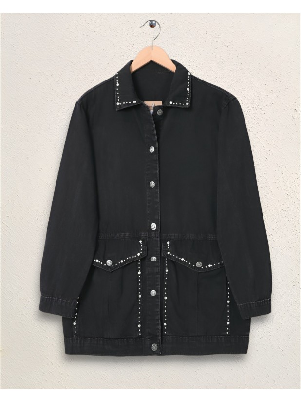 Denim Jacket with Stone Embroidery on Collar and Pockets -Black