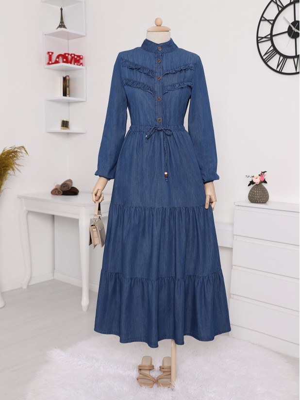 Yarım Düğmeli Önü Fırfırlı Parçalı Kot Elbise -İndigo