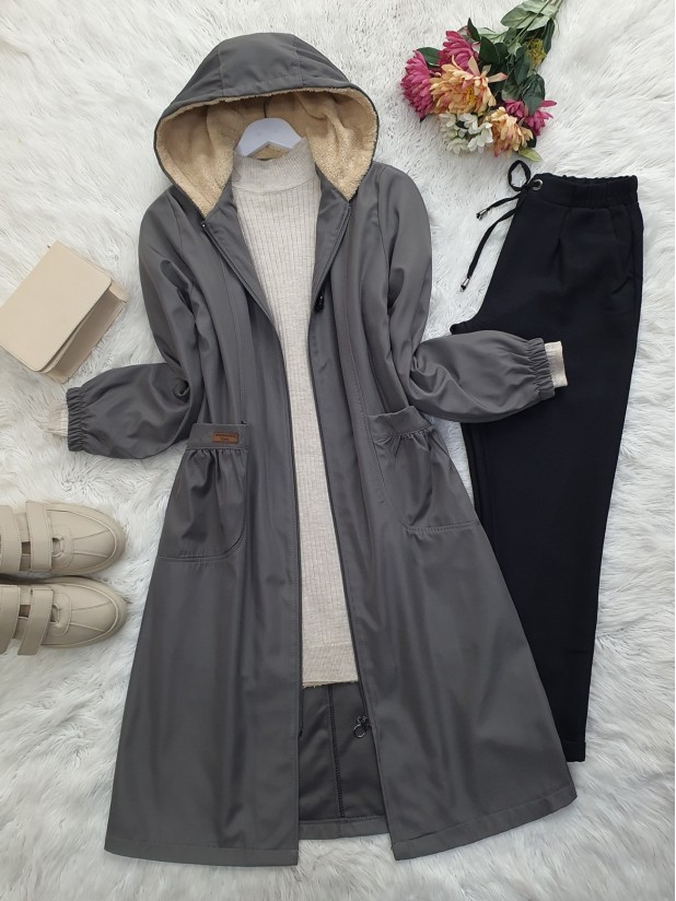 Sheepskin Fixed Hooded Bondit Winter Hijab Coat -Grey