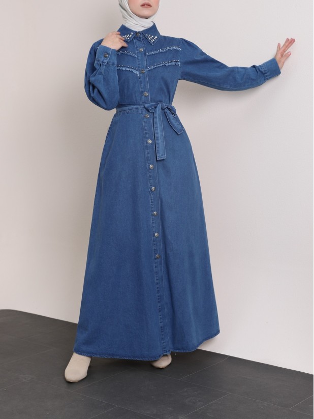 Vintage Denim Dress with Stones on the Collar and Chest -Dark blue
