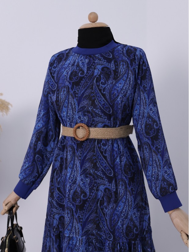 Ethnic Pattern Skirt Piece Lined Chiffon Dress -Navy blue