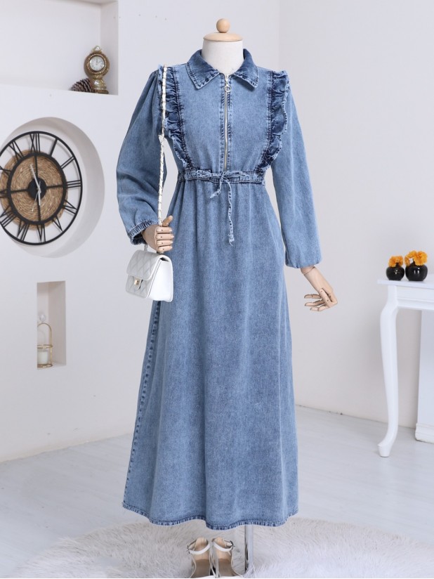 Robadan fırfırlı Belden Büzgü Kot Elbise -Mavi