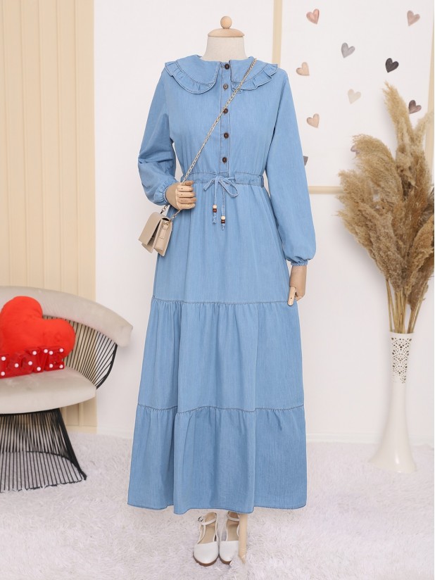 Baby Collar Tunnel Lace-Up Pieced Jeans Dress -Light blue
