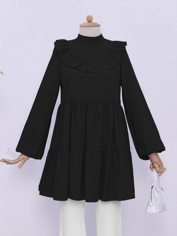 Robadan Frilly Skirt Parted Arm Elastic Tunic  -Black