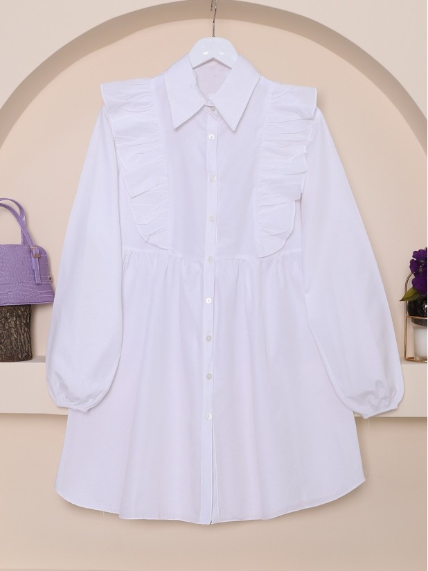 Frill Shoulder Buttoned Tunic -White