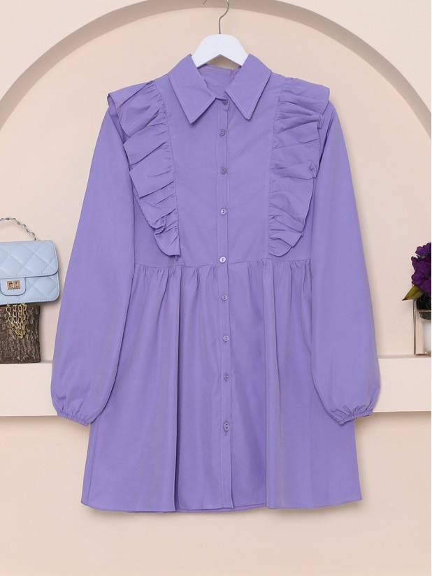 Frill Shoulder Buttoned Tunic -Lilac