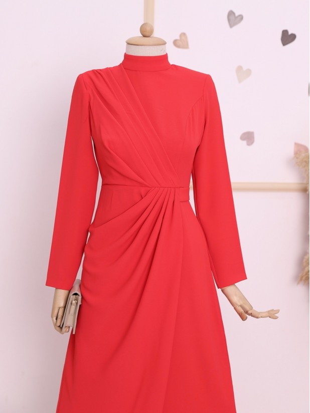 Kemer Detaylı Drapeli Tesettür Elbise -Kırmızı