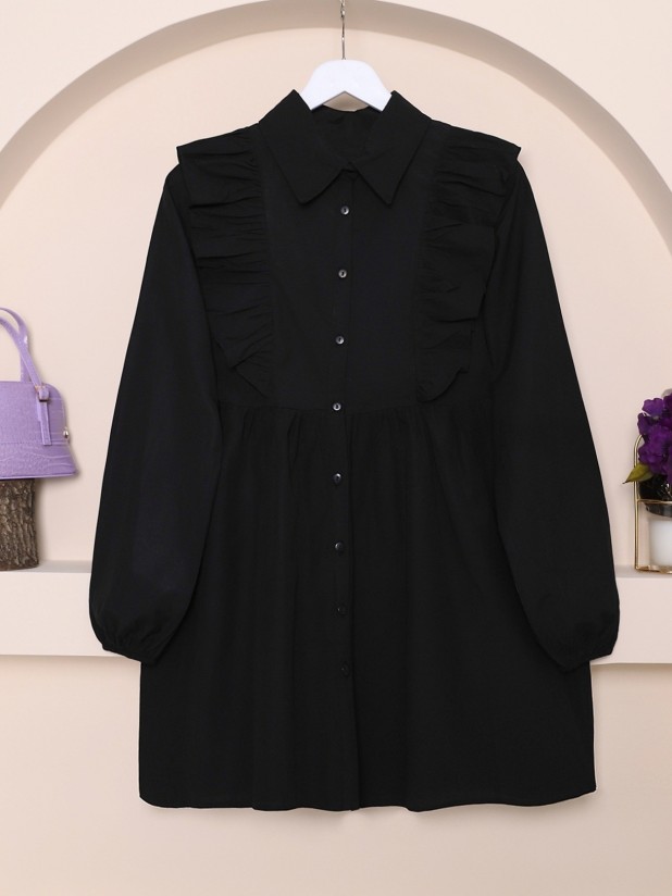 Frill Shoulder Buttoned Tunic -Black