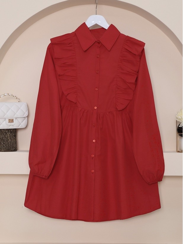Frill Shoulder Buttoned Tunic -Red