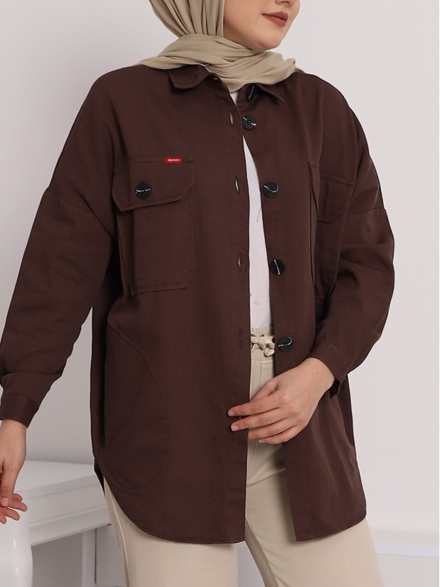 Side Hidden Double Pocket Buttoned Shirt Jacket -Brown