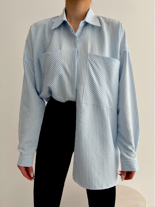 Striped Double Pocket Long Back Shirt -Blue
