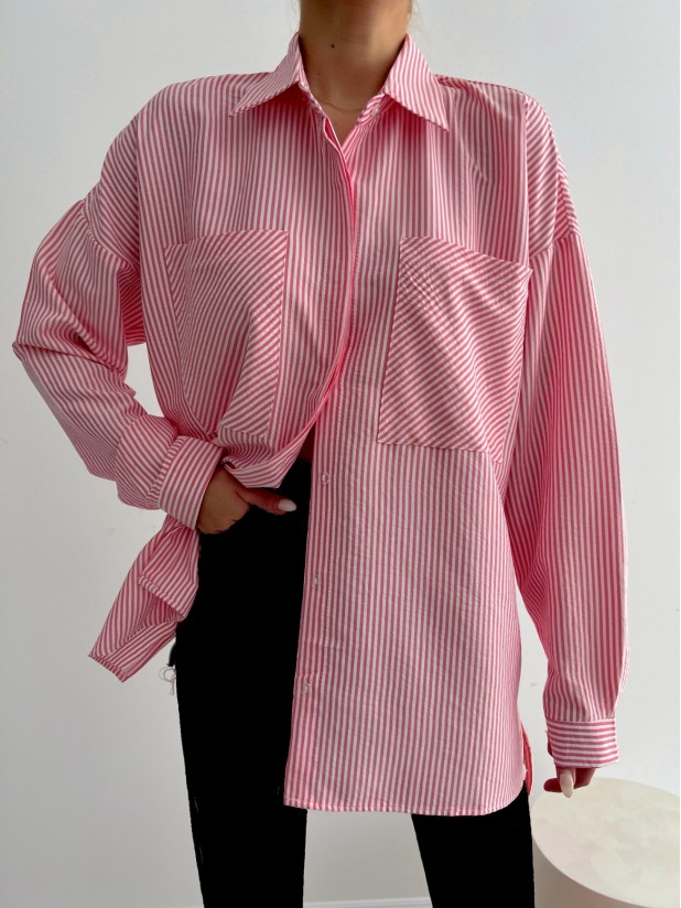 Striped Double Pocket Long Back Shirt -Pink