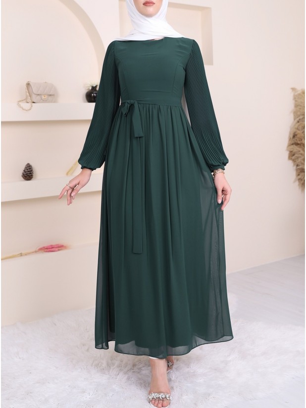 Sleeves Pleated Detailed Front Cup Chiffon Dress -Emerald