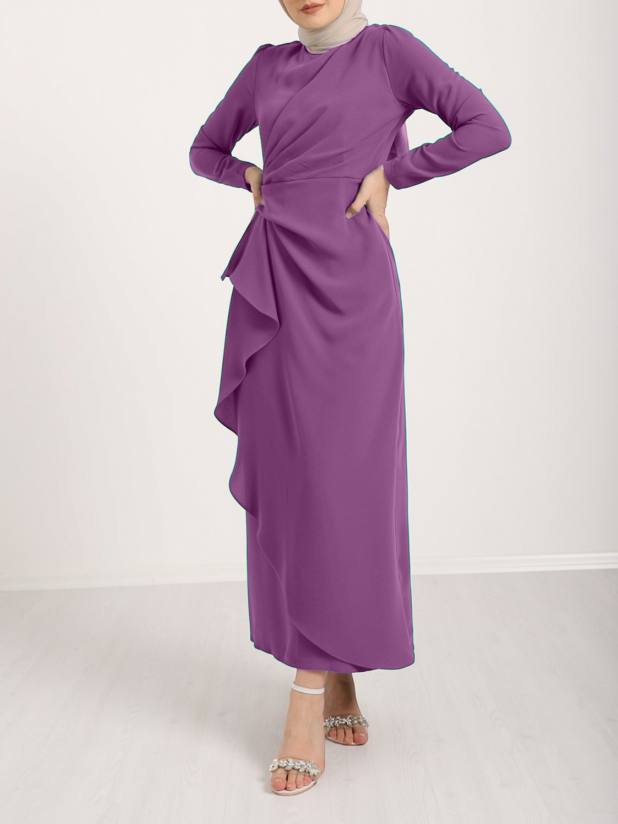 Asymmetrical Crepe Dress with Front Allery Skirt  -Cherry Color