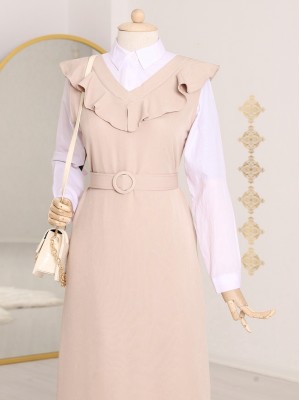 V Neck Long Gilet Dress       -Cream color