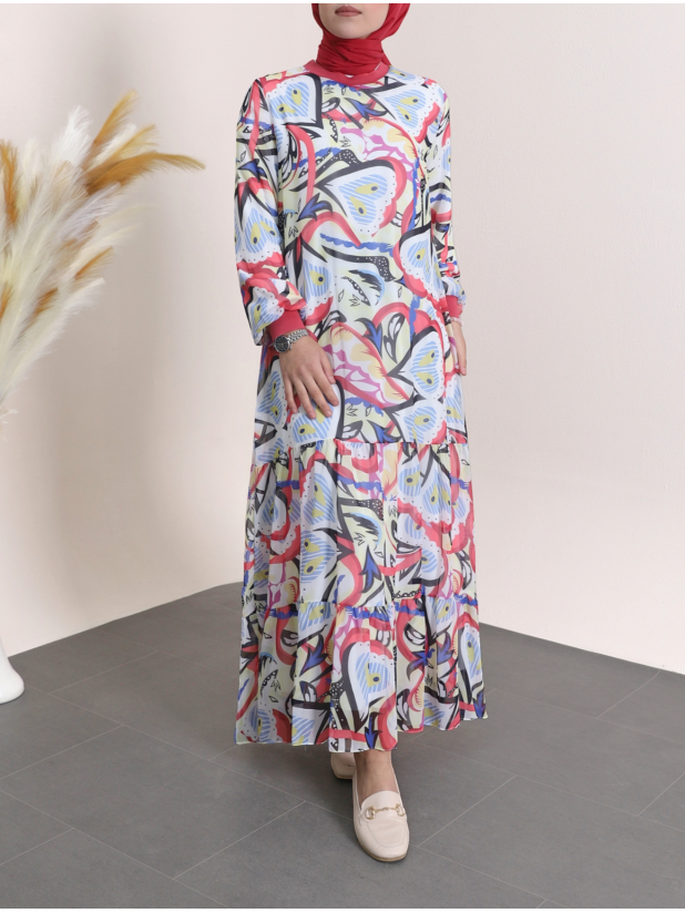 Yakası Ribanalı Eteği Katlı Desenli Şifon Elbise -G.Kurusu