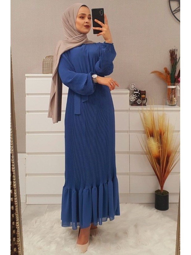 Pleated Detailed Chiffon Long Dress -İndigo