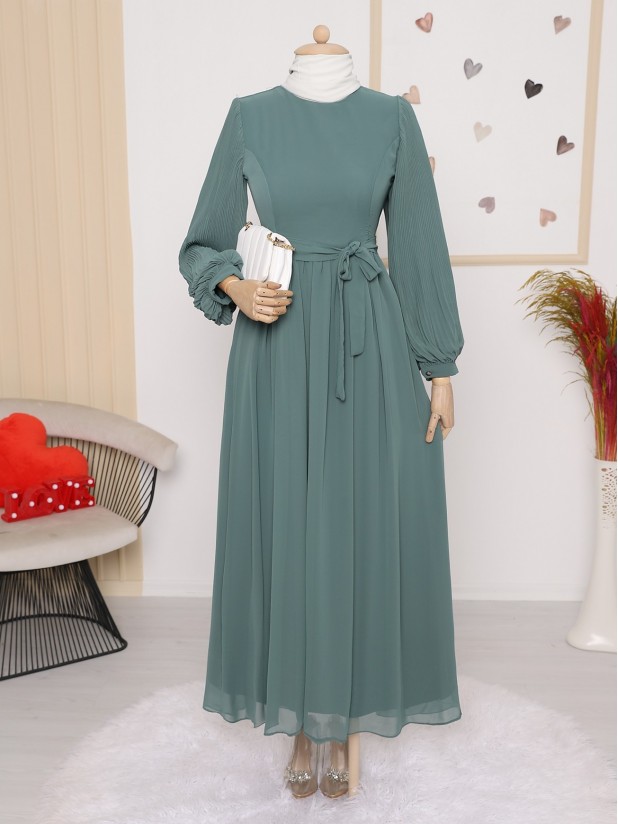 Sleeves Pleated Detailed Front Cup Chiffon Dress -Mint Color