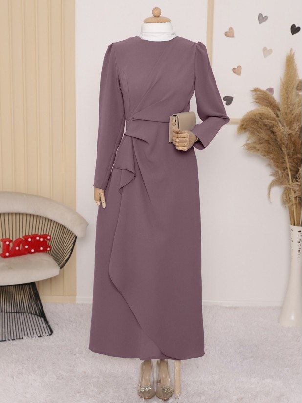 Asymmetrical Crepe Dress with Front Allery Skirt    -Dried rose
