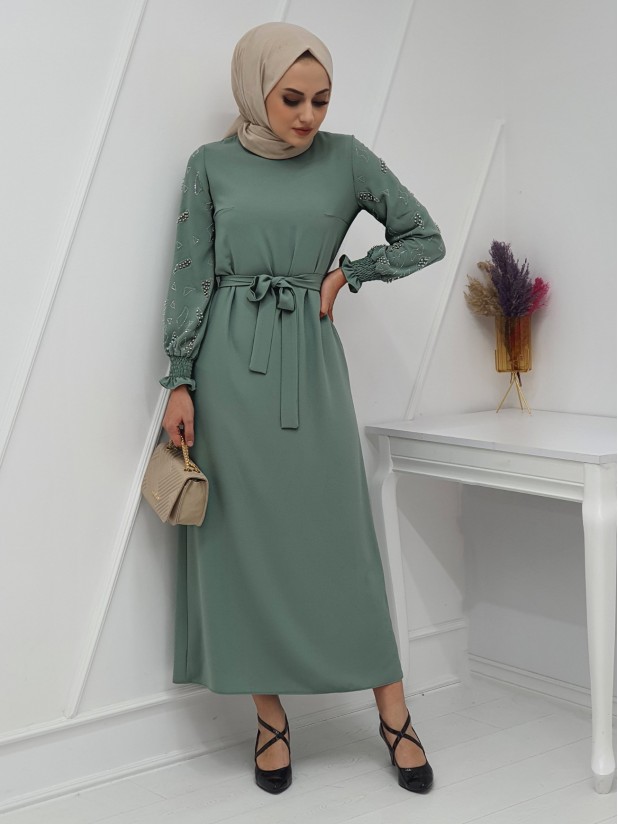Pearl Detailed Long Dress with Stones on the Sleeves -Mint Color