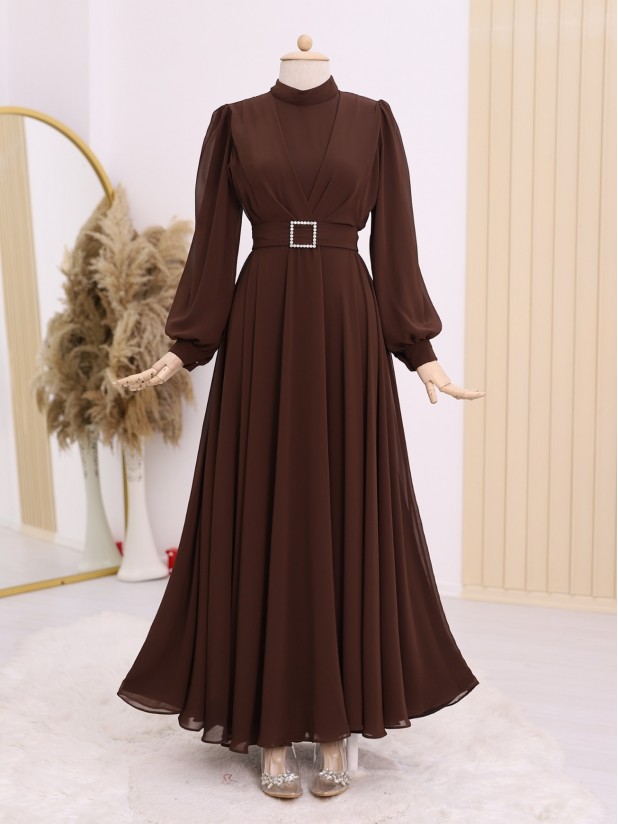 Belted Stone Front Pleated Hijab Dress -Brown