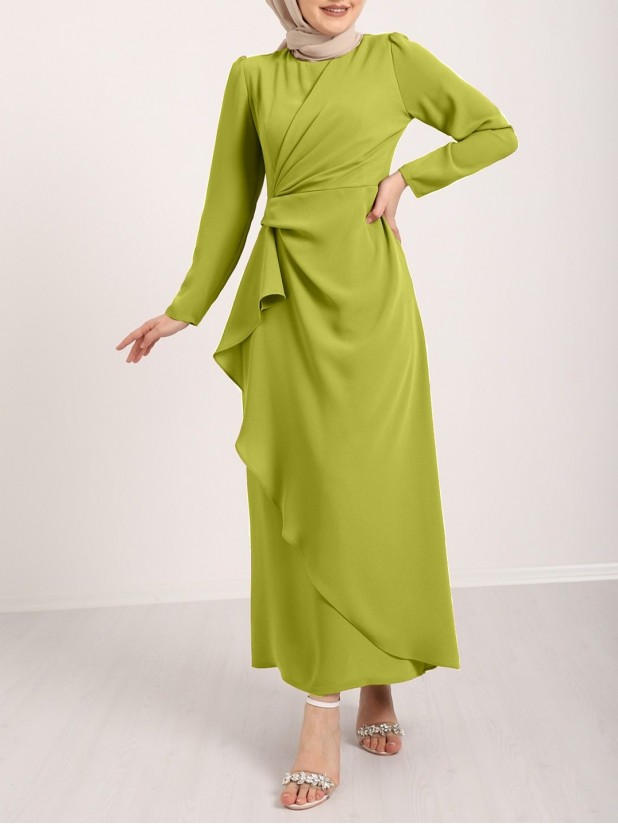 Önü Allerli Eteği Asimetrik Krep Elbise       -Yağ Yeşili