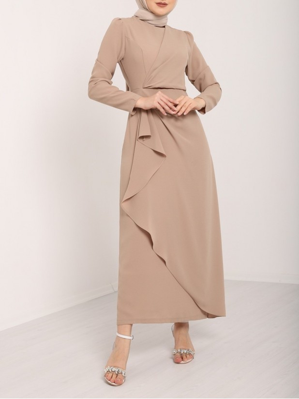 Asymmetrical Crepe Dress with Front Allery Skirt  - Beige