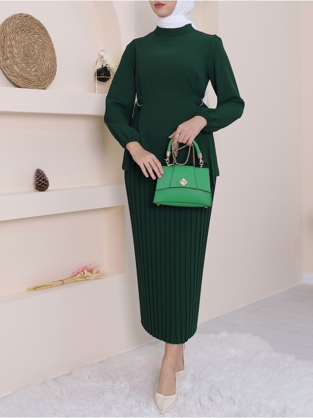 Side Tie Pleat Skirt Crepe Set -Emerald