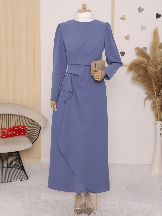 Asymmetrical Crepe Dress with Front Allery Skirt      -İndigo