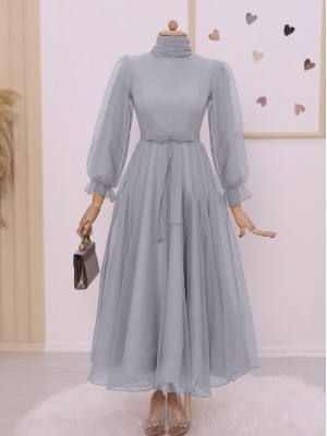 Belted Tulle Evening Dress with Fluffy Sleeves and Skirt  -Grey