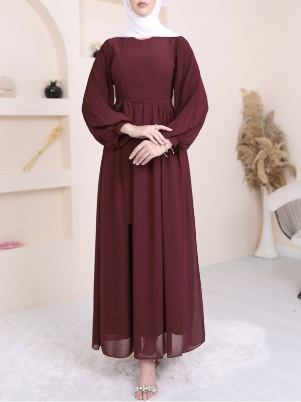 Sleeves Pleated Detailed Front Cup Chiffon Dress  -Maroon