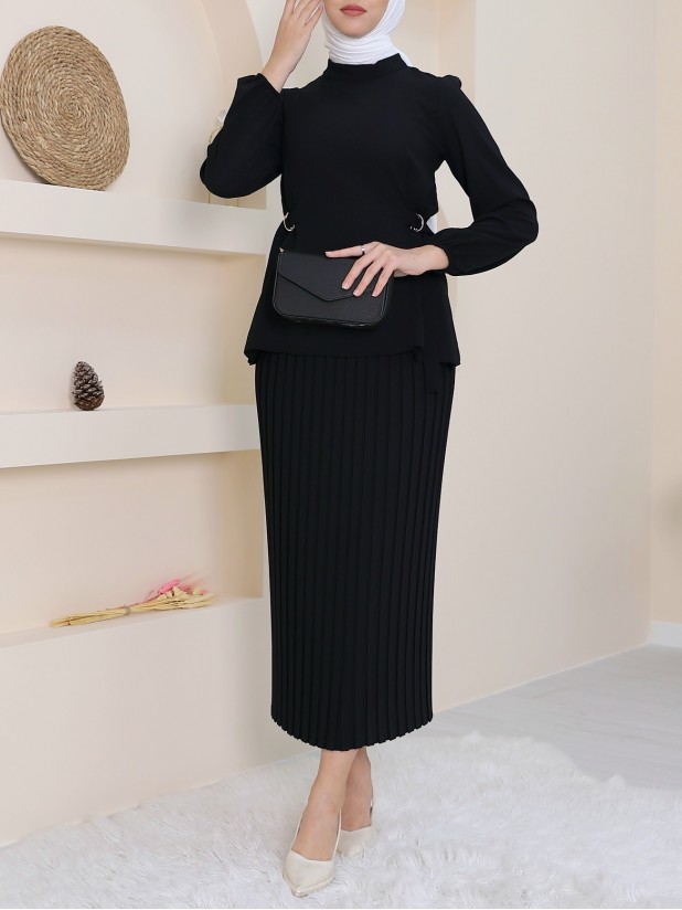 Side Tie Pleat Skirt Crepe Set -Black