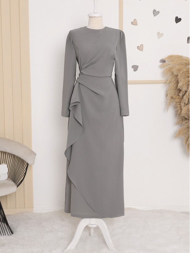 Asymmetrical Crepe Dress with Front Allery Skirt     -Grey