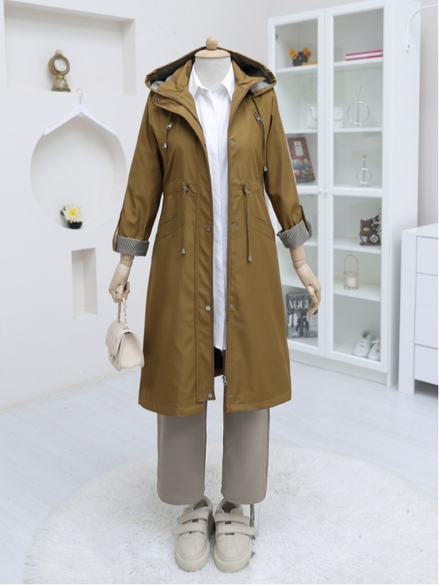 Snap Fastener Zippered Hooded Trench Coat -Snuff