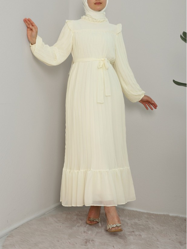 Front Robe Sleeves and Body Pleated Dress  -Ecru